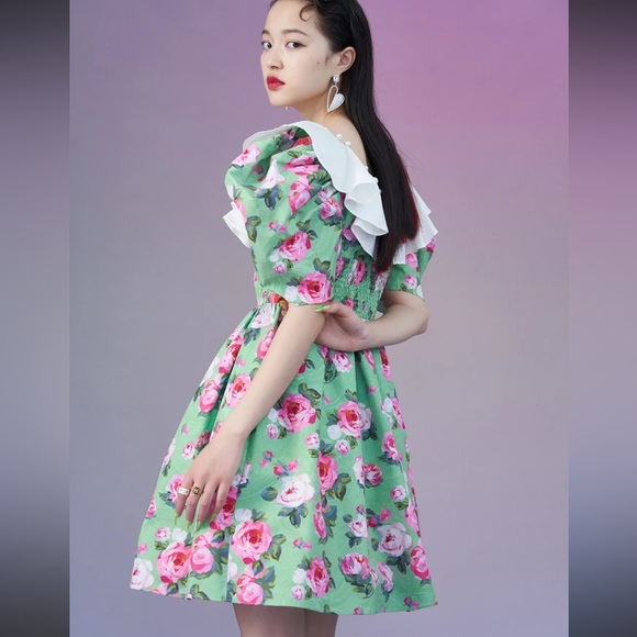 Mukzin Floral Puff Sleeve Dress with Ruffle Collar and pearls - Picture 2 of 8